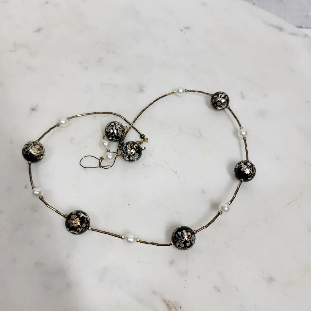 Tensha Bead Freshwater Pearl Jewelry Handpainted Spaced Necklace Earrings Japan Black - Image 3