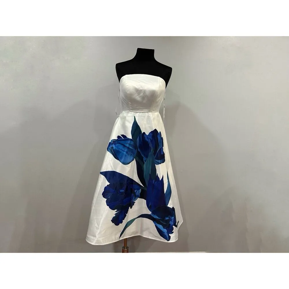 Mac Duggal 21075 White Strapless Satin Midi Dress With Flower Print Sz 4 NEW - Image 6