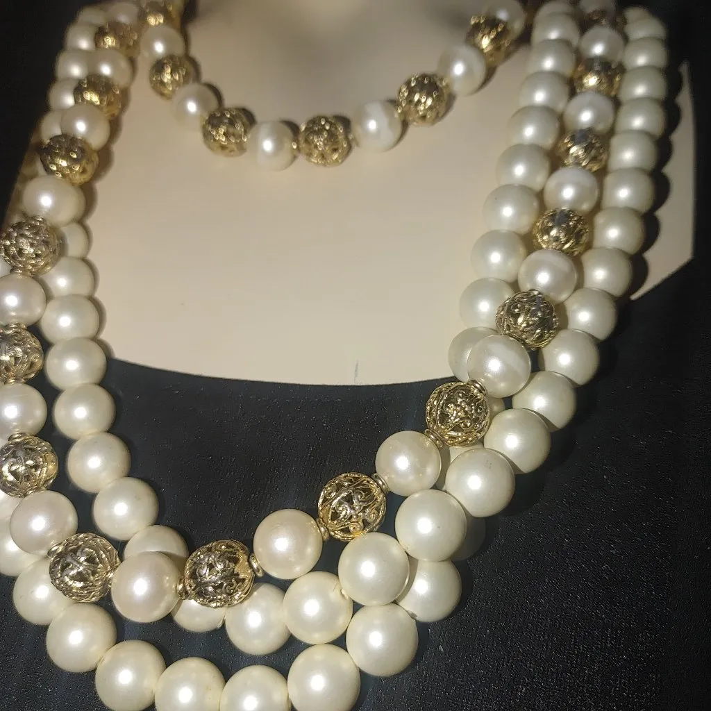 Vintage Napier Gold Tone Filigree Faux Pearl Vintage Multi Strand Necklace Lot - Image 3