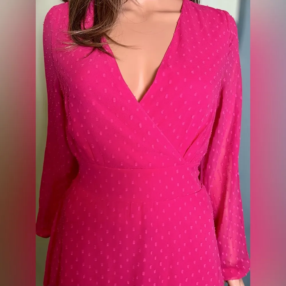 Japna Mini Dress. Hot Pink Chiffon Swiss Dot Ruffle Detail.
Size Medium. - Image 5