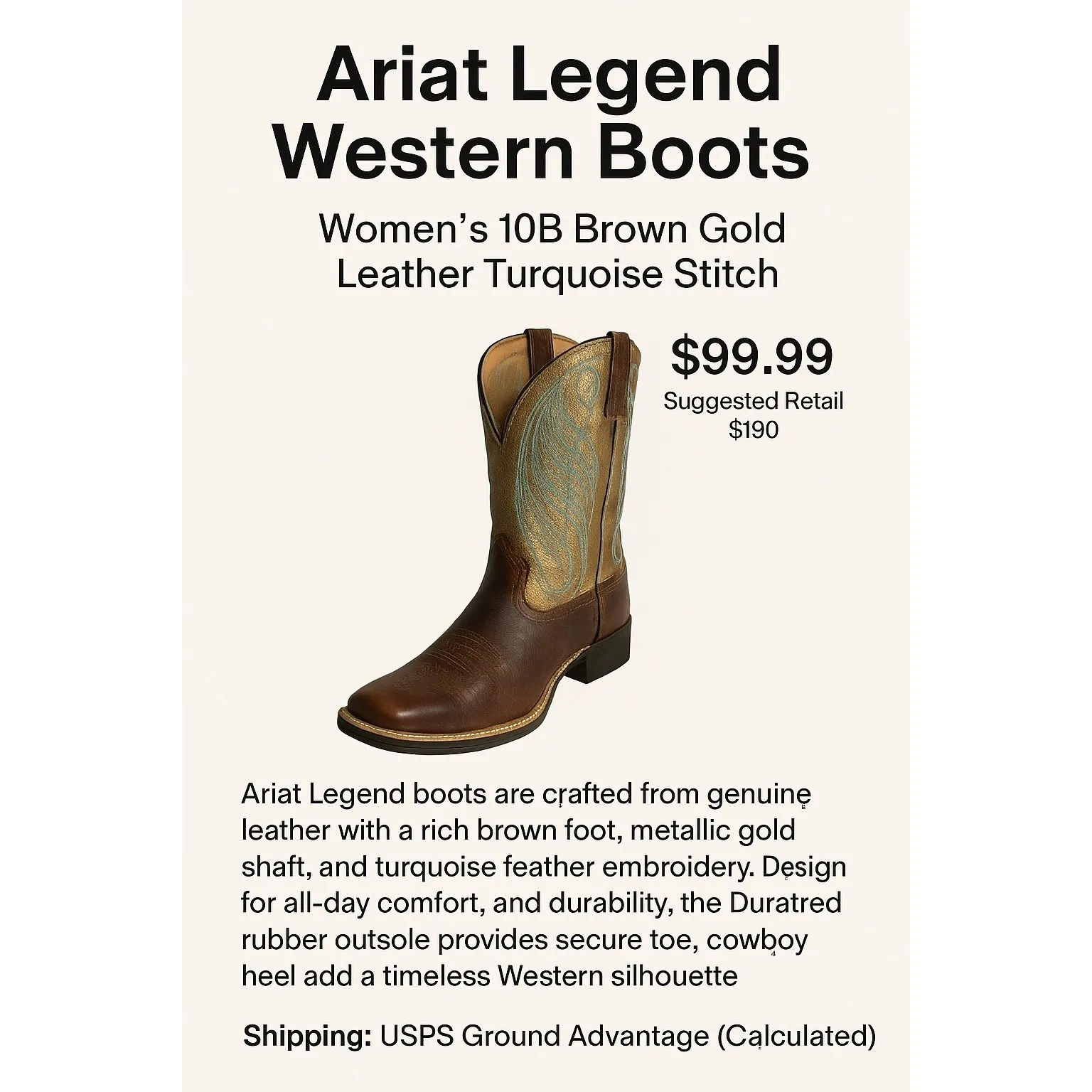 Ariat Legend Western Boots Women's 10B Brown Gold Leather‎ Turquoise Stitch - Image 4
