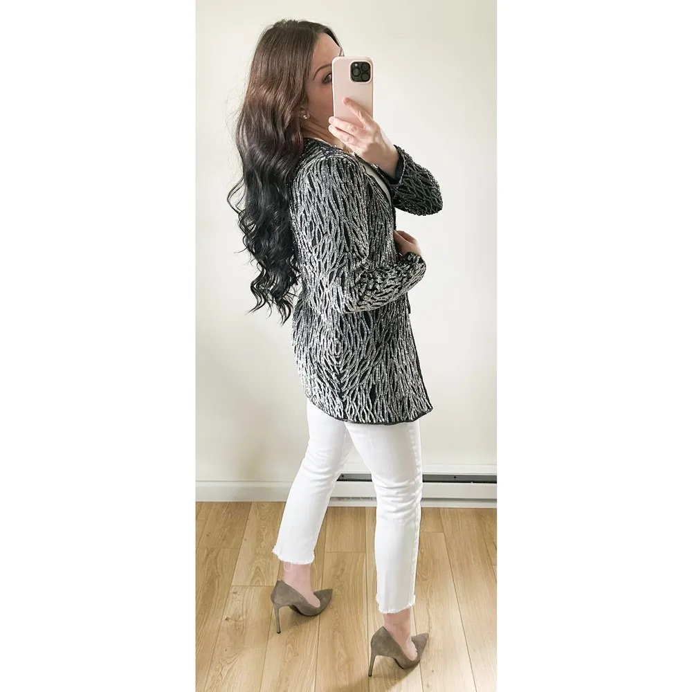 Vintage Black Silver Silk Sequin Cocktail Blazer sz P Small - Image 4