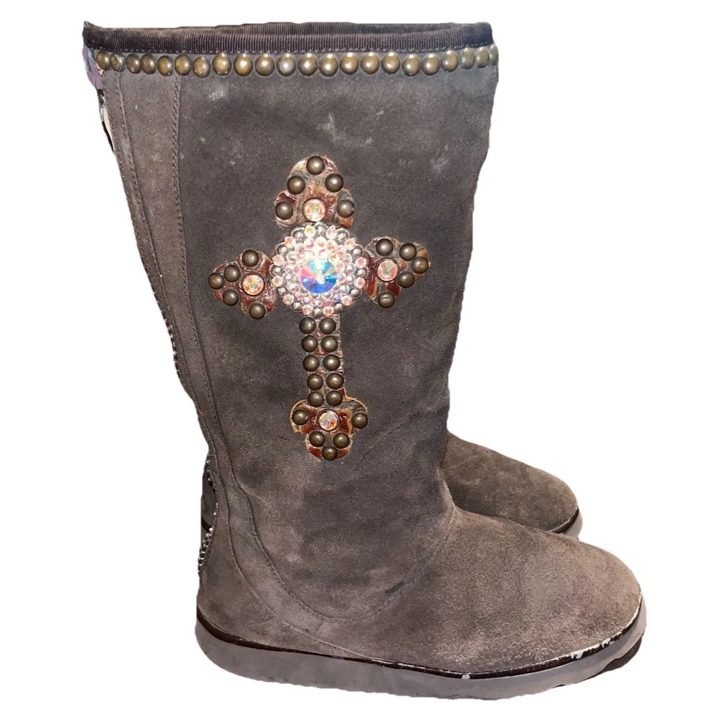 Gypsy Soule Brown Suede Boots Western Tooled Leather Swarovski Crystal Cross 10 - Image 2