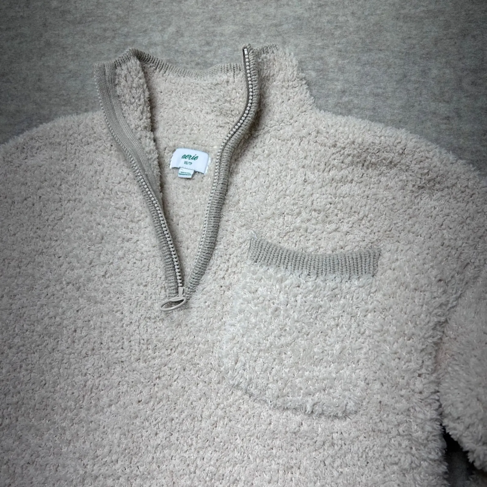 Aerie Loungewear XS Cream Sherpa Pullover‎ Quarter Zip Cozy Sweatshirt - Image 2