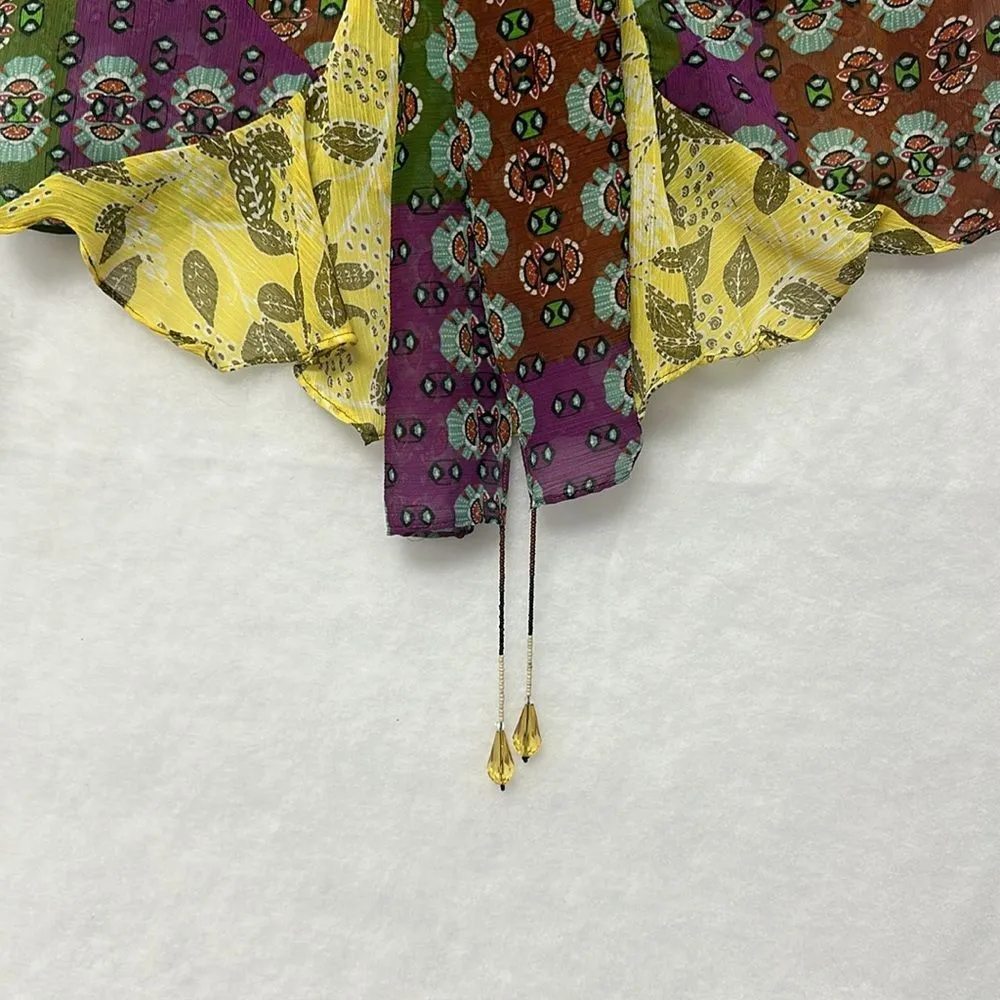 Zodiac Multicolor Printed Boho Blouse Shirt Bow Tie Sz M Crystal Drops - Image 6