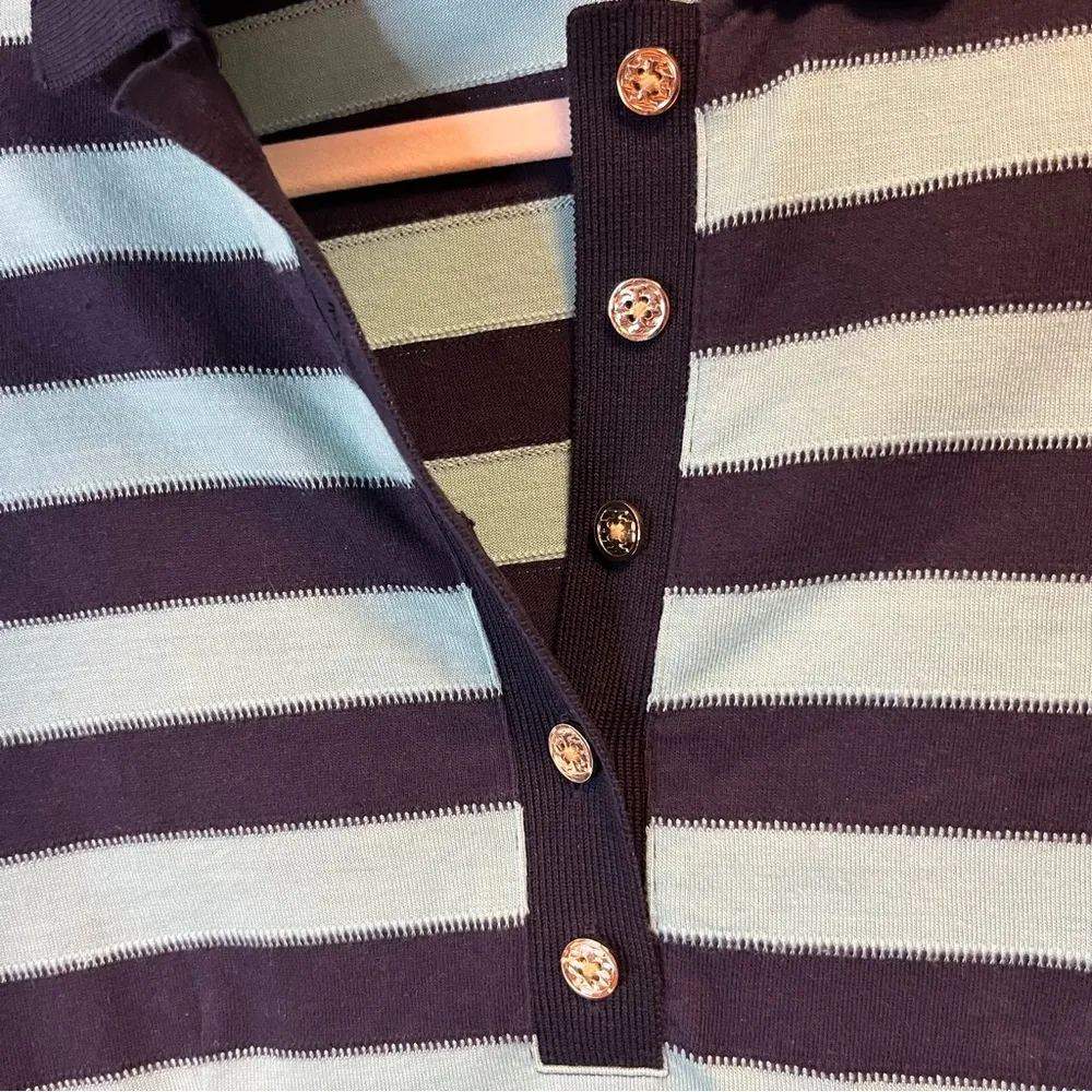 Tory Burch Top Teal & Navy Blue Striped Short Sleeve Henley Polo Sz XS EUC - Image 3