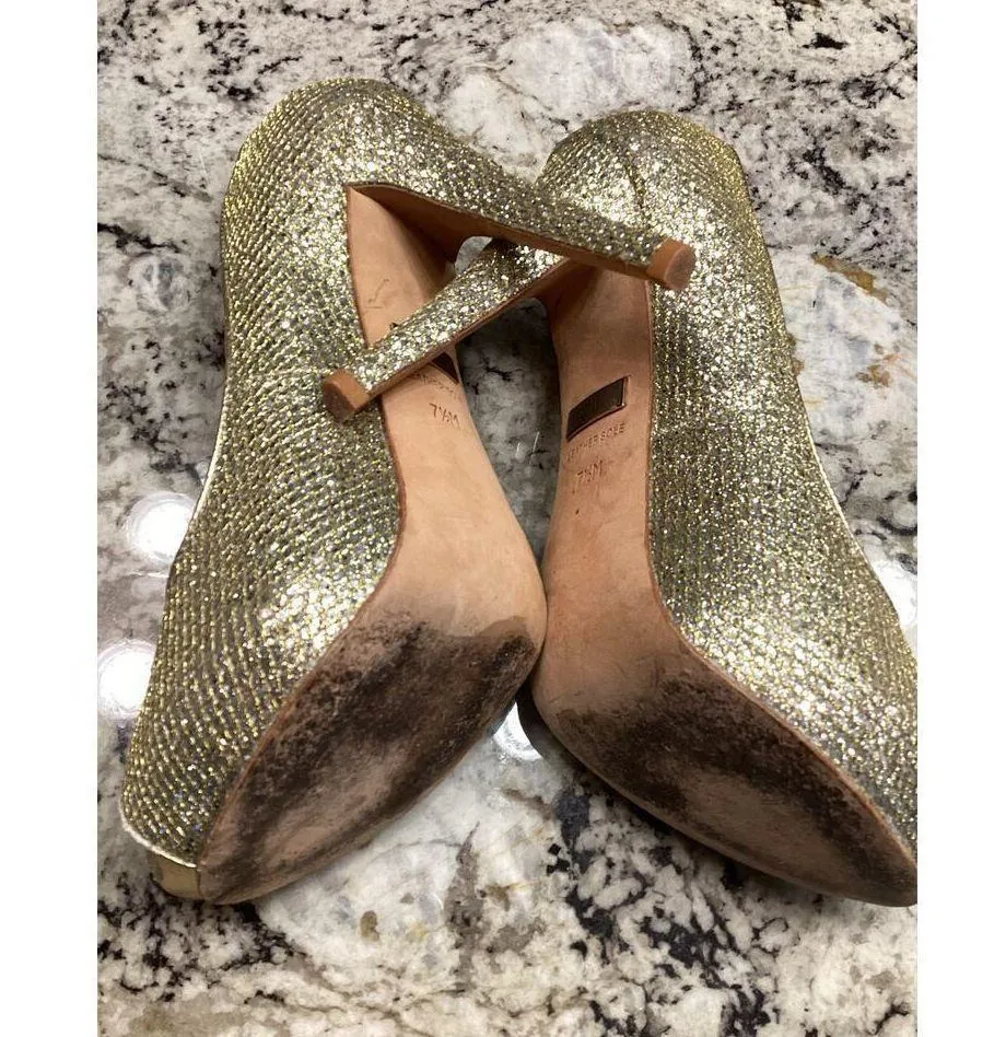 Badgley Mischka Humbie peep toe Pump 7.5 Gold Glitter Platfrom Heels Slip on - Image 6