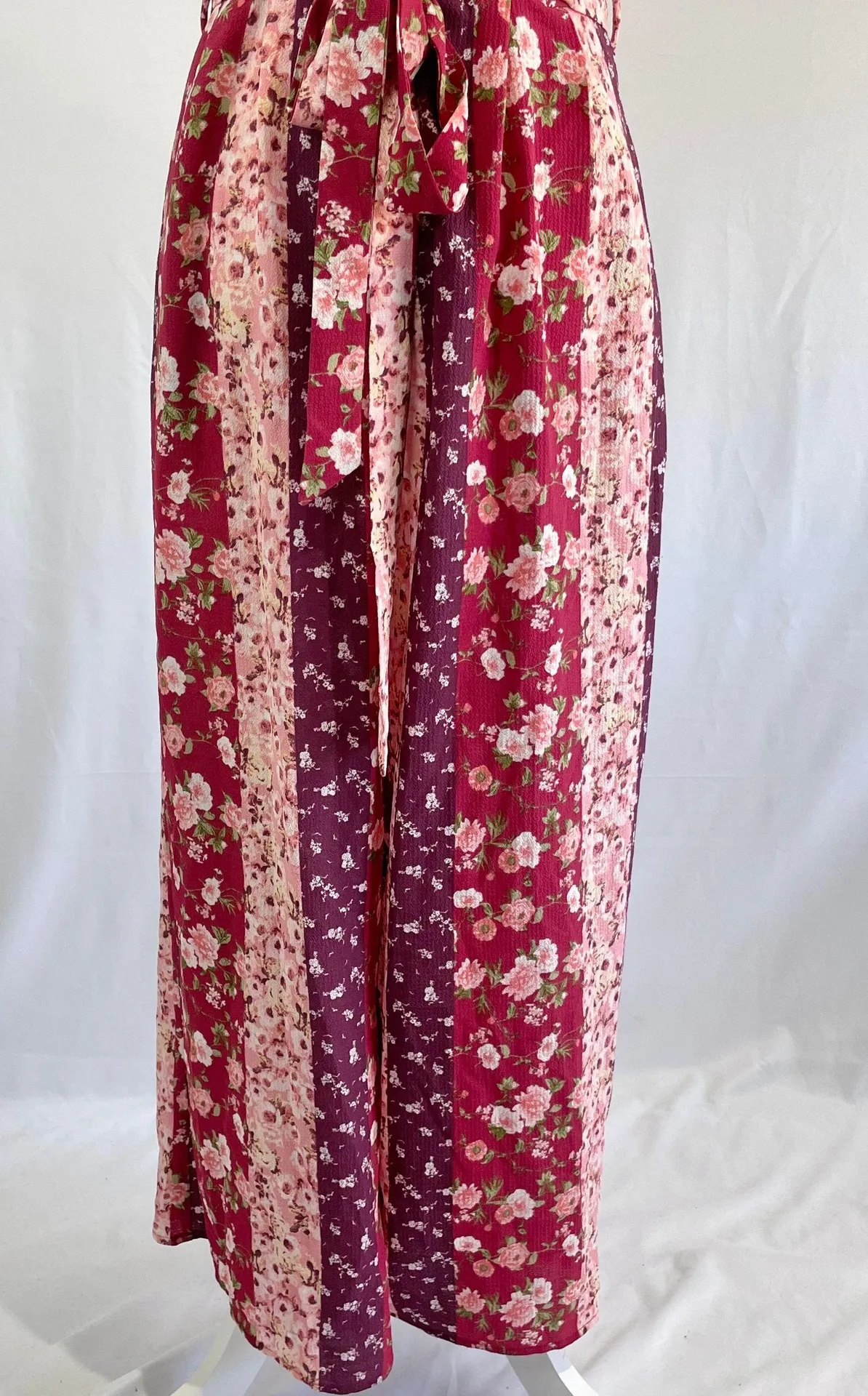 New  Floral Stripe Printed Tie Waist Cropped Jumpsuit Red Pink Medium - Image 7