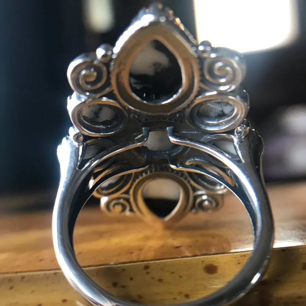 White Buffalo Turquoise Sterling Silver Cocktail Ring Size 9 Black - Image 7