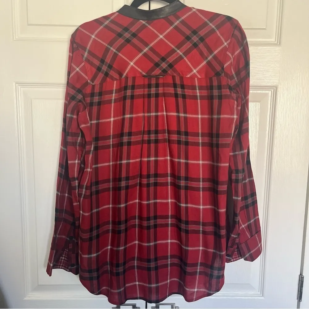 Vince Leather Trim Red Plaid Button Down Shirt Size 8 - Image 7