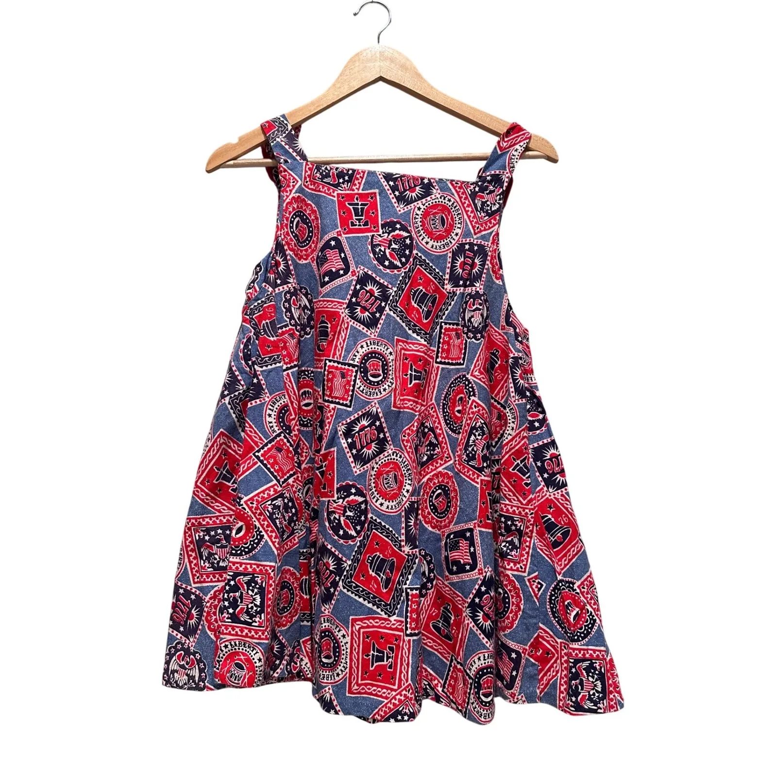 Vintage Red Blue Patriotic USA Mini Overall Dress Size Medium - Image 2