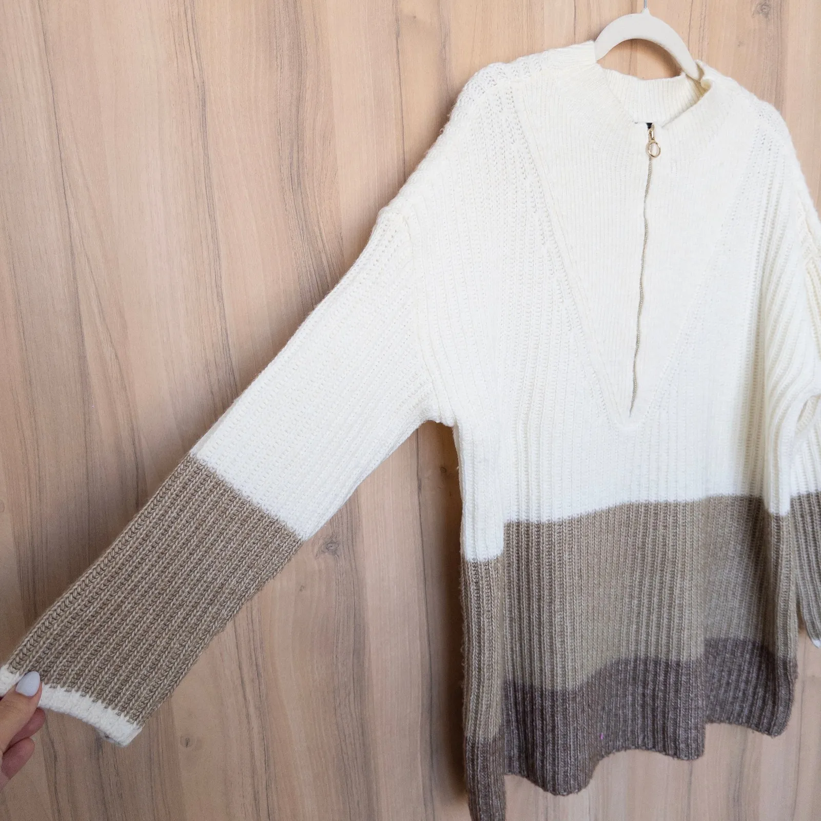 Talbots Womens Sweater Size 1X Cream Brown Colorblock Quarter Zip Chunky Knit - Image 5