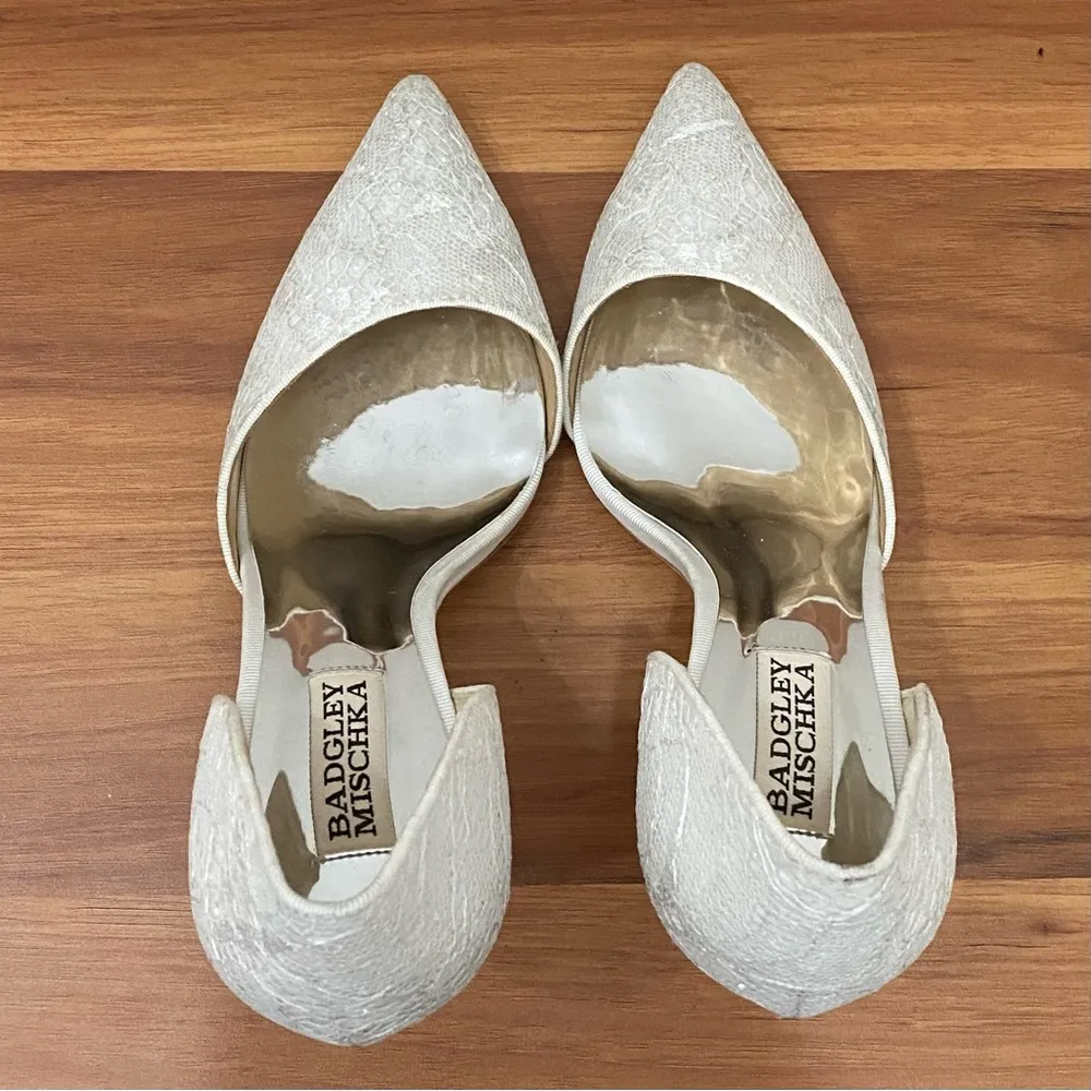 “Lola” d’Orsay Pumps White/Silver Lace Wedding Heels Size 8 - Image 5