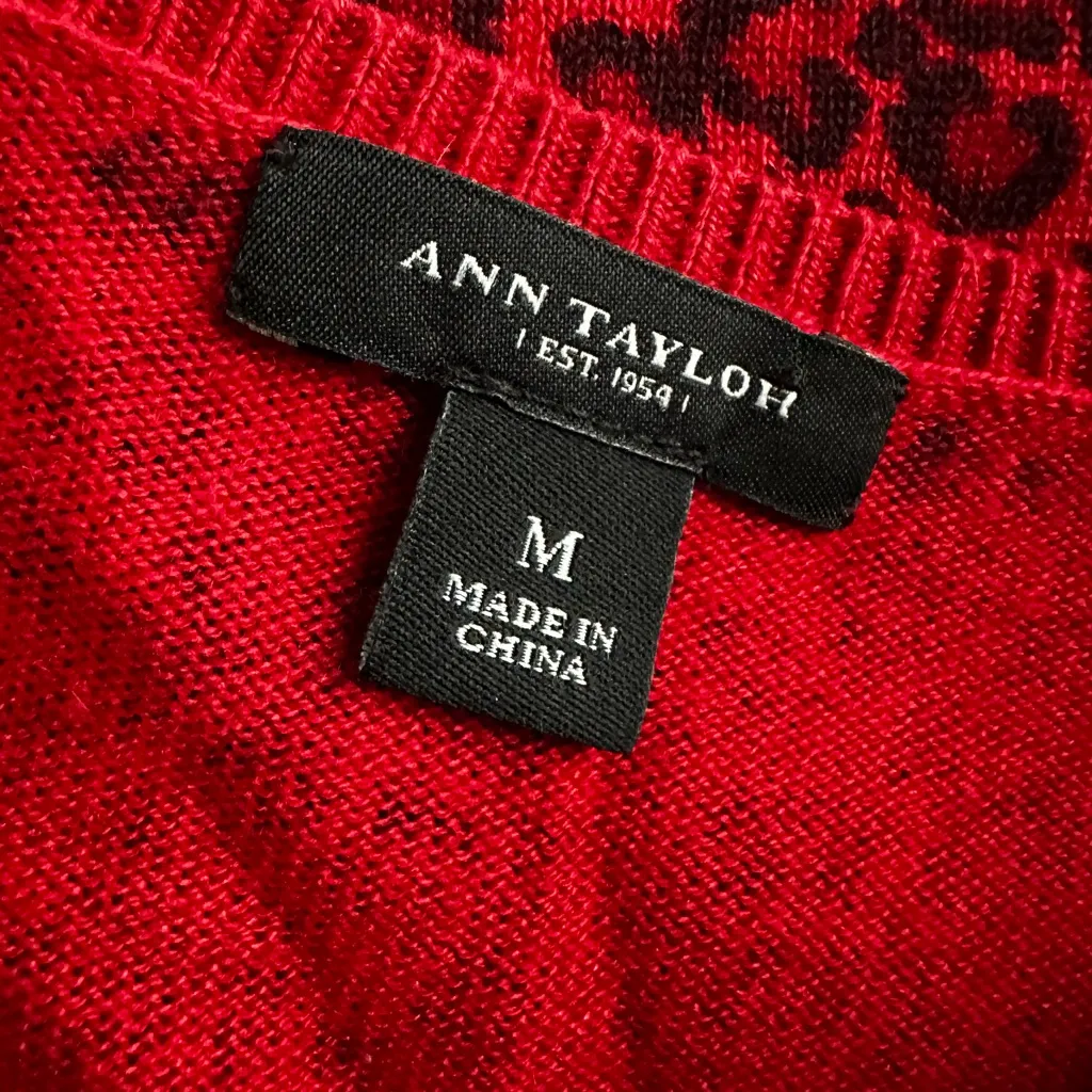 Ann Taylor Red Cheetah Animal Print Cardigan Sweater Silk Cashmere Medium Fall - Image 5