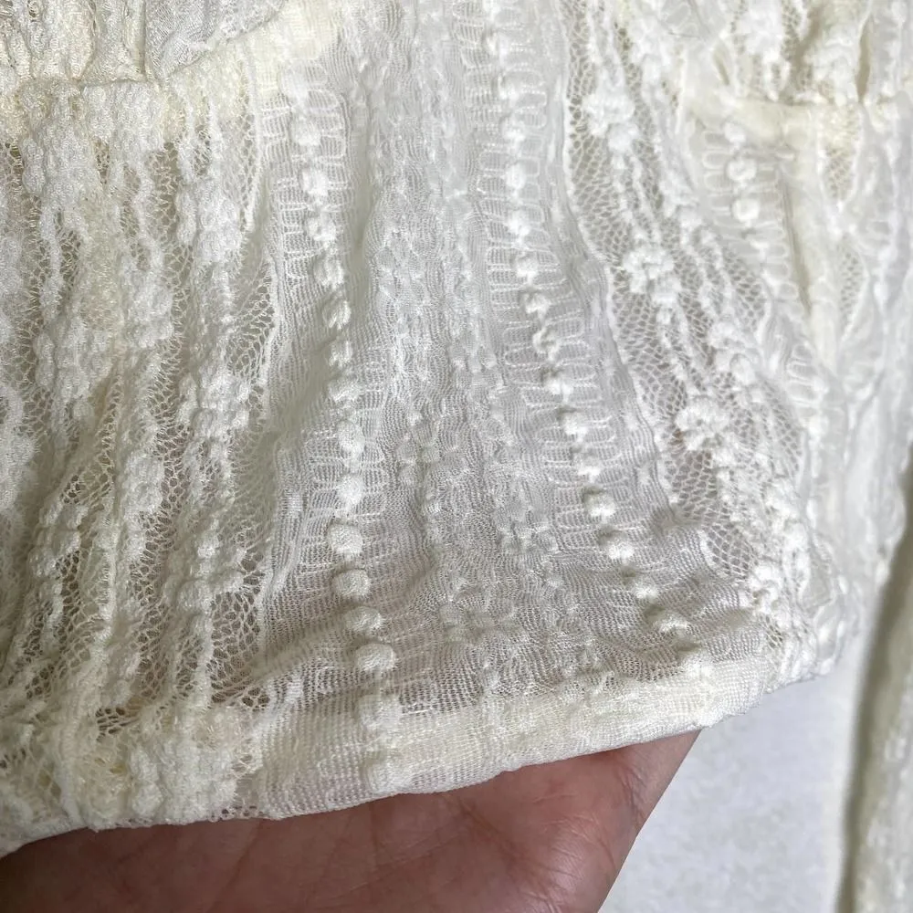 Stradivarius Floral Long Sleeve Sheer Sweetheart Lace Crop Top White Large Fairy - Image 7