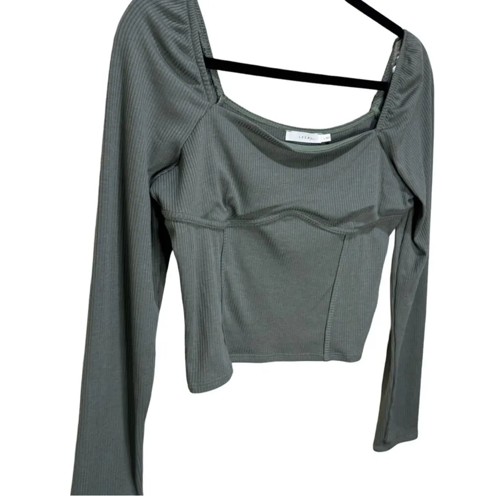 Lush Corset Silhouette Long Sleeve Top Ribbed Jersey Stretch Green Size M - Image 3