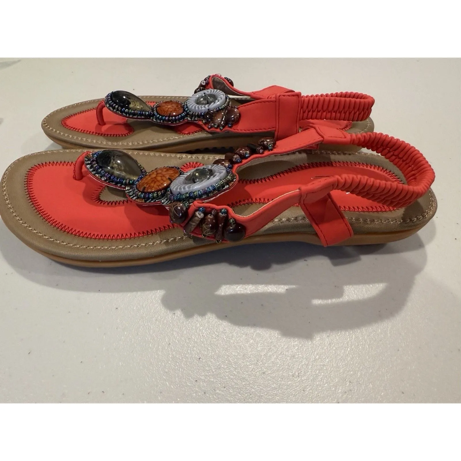 NEW Sandals Womens 8.5 Beaded Boho Elastic Ankle Travel Vacation Resort Indie Red - Image 2
