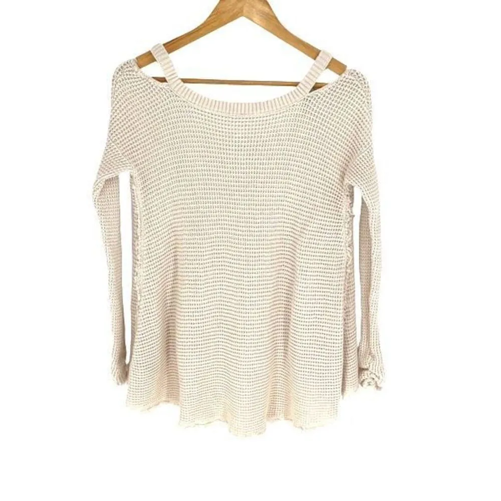 Free People Womens Sunrise Cold Shoulder Waffle Knit Sweater Cream Size XS‎ - Image 6
