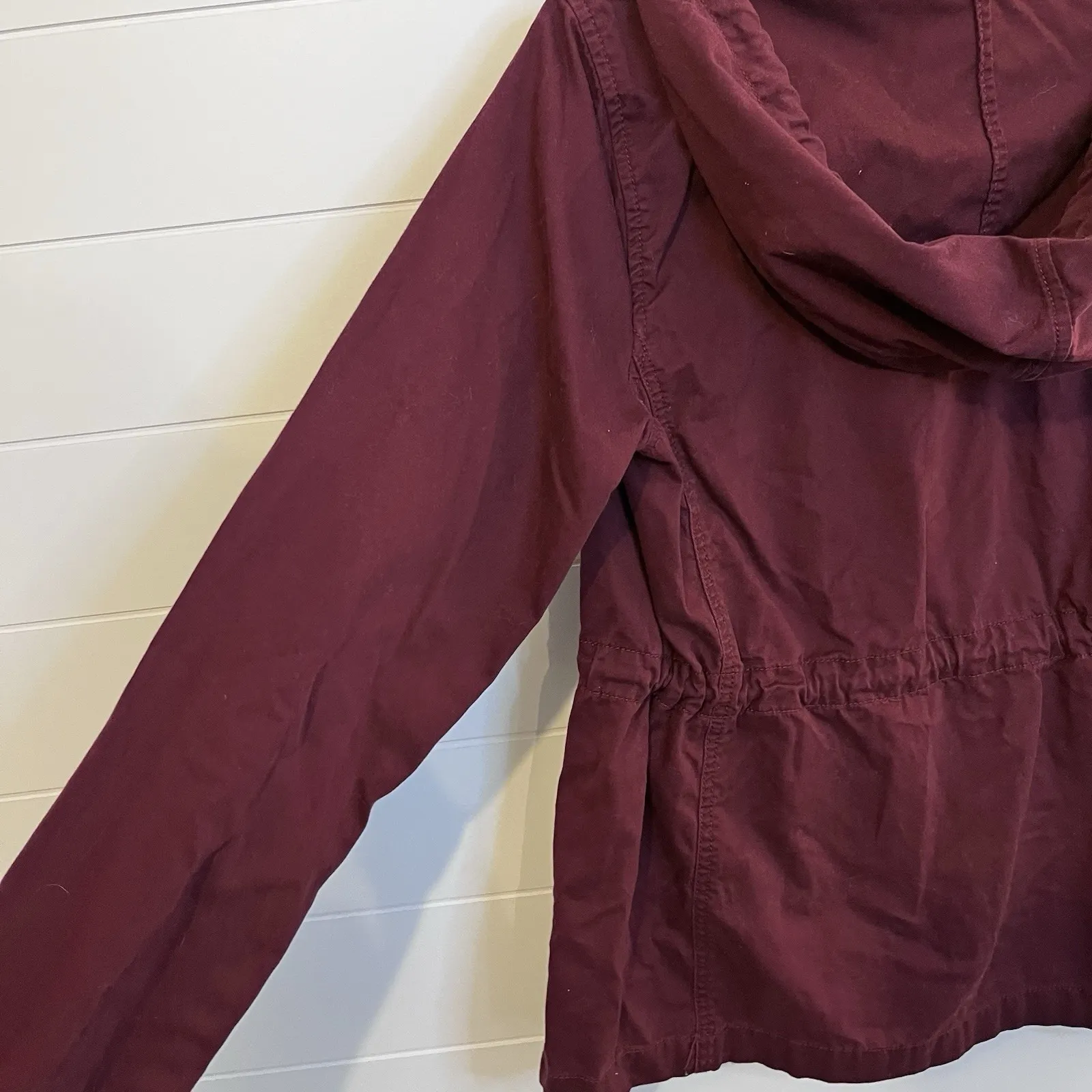 Loft Maroon Cotton Blend Hooded Utility Jacket Size Medium Pockets Neutral - Image 10