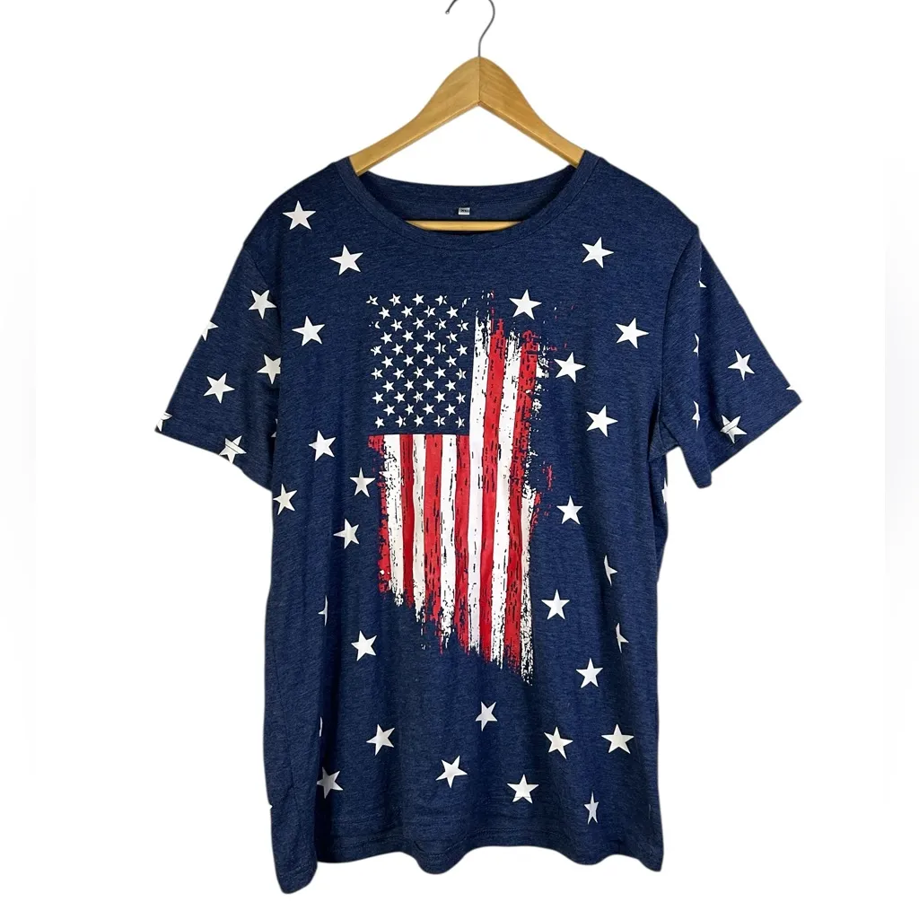 Americana US Distressed Country Flag Vibrant Blue Patriotic Star Casual T - Image 2
