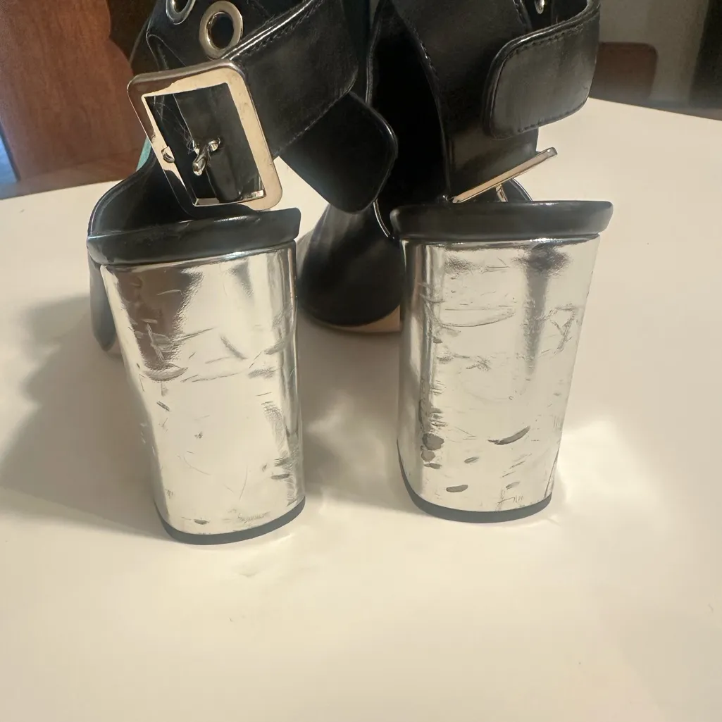 PRADA Grommet Black Block Leather Strap Silver Chunky Heel Sandal 37.5 7.5 - Image 3