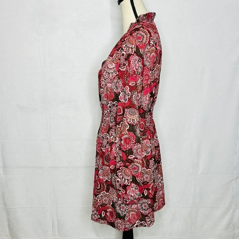 Rose + Olive Floral Print Metallic Boho Mini Shift Dress Smocked Waist Sz S - Image 6