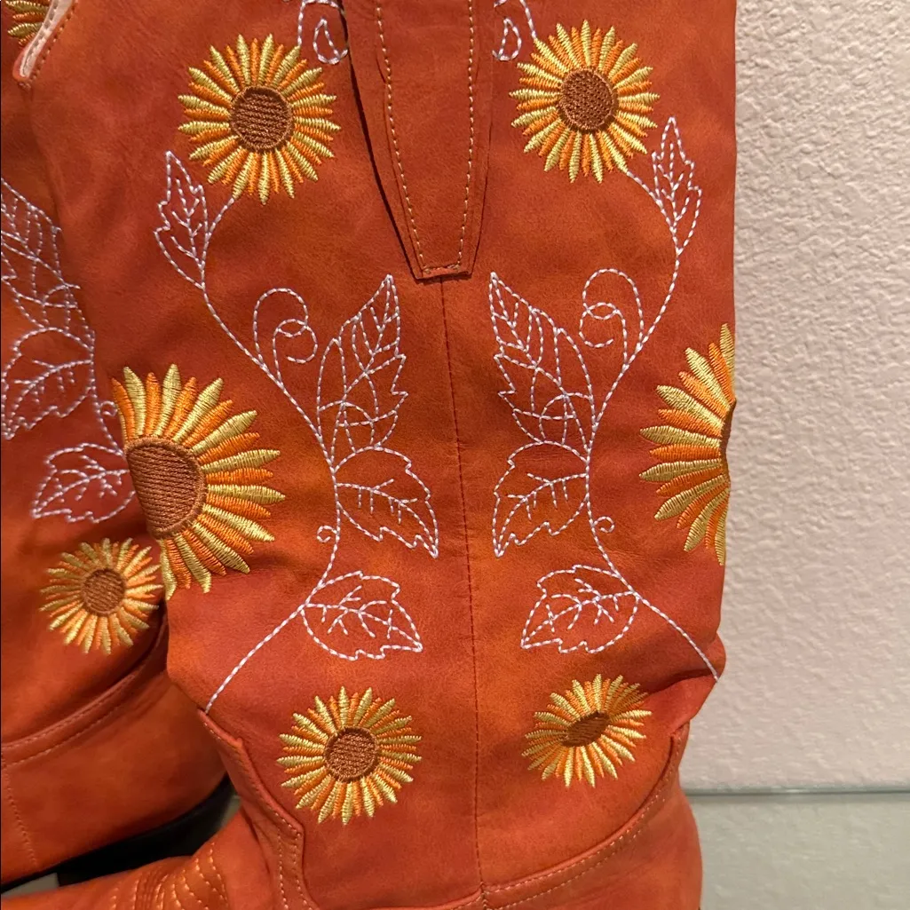 Orange Embroidered Cowboy Boots Size 8 - Image 2