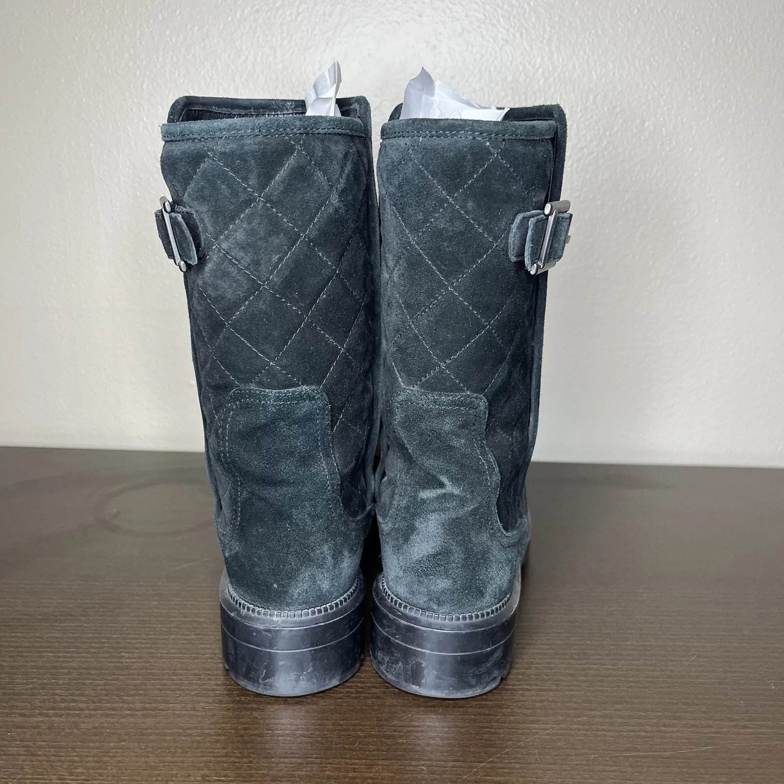 aquatalia boots 7.5 Quilted Black Buckle Minimalist Heeled Mid Calf Suede Riding - Image 5