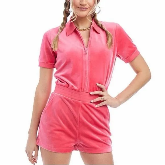 Juicy Couture Big Bling Velour Romper Pink Women's Size Small 1/2 Zip - Image 3