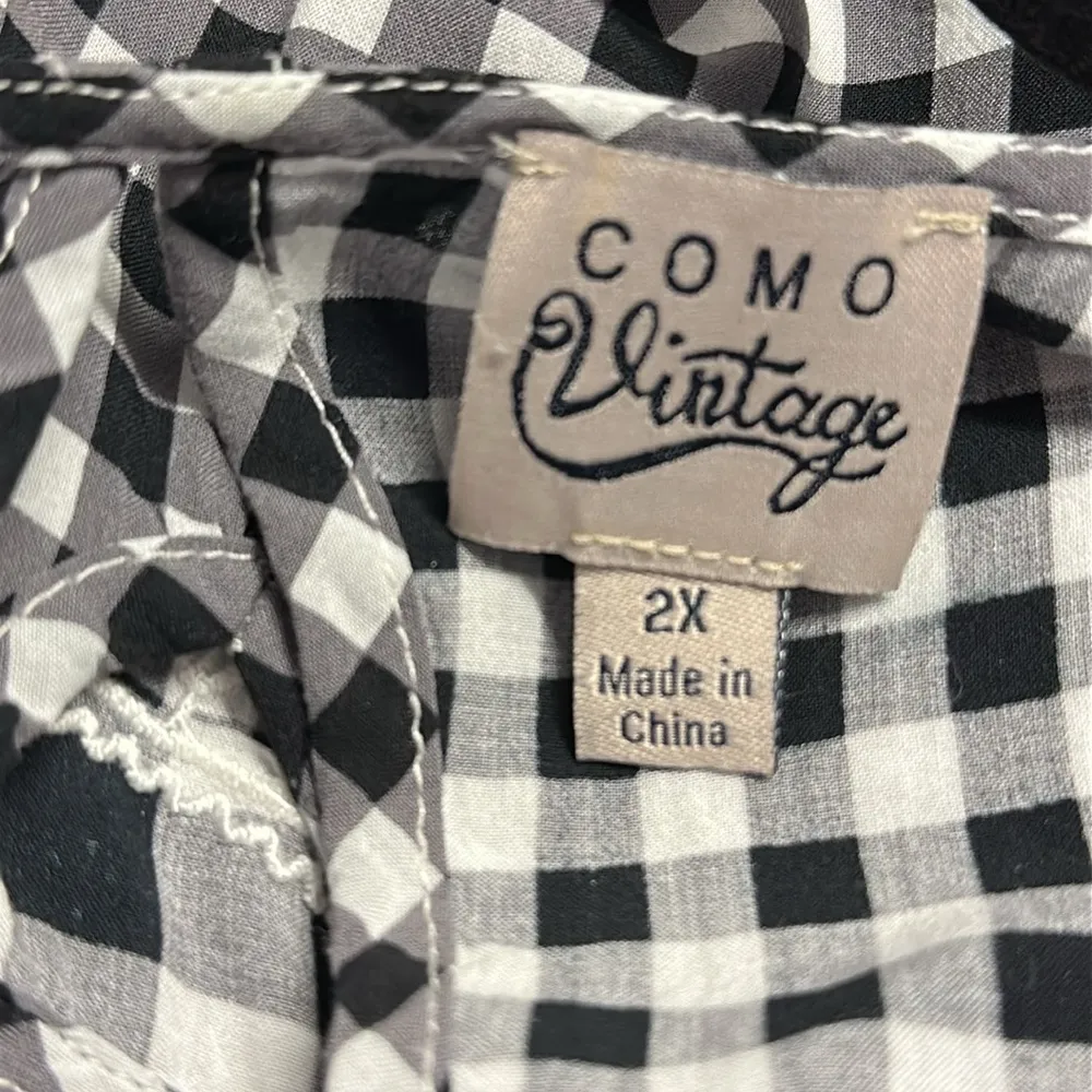 Como Vintage Rayon Gingham Print Embroidered Keyhole Back Sleeveless Blouse 2X - Image 5