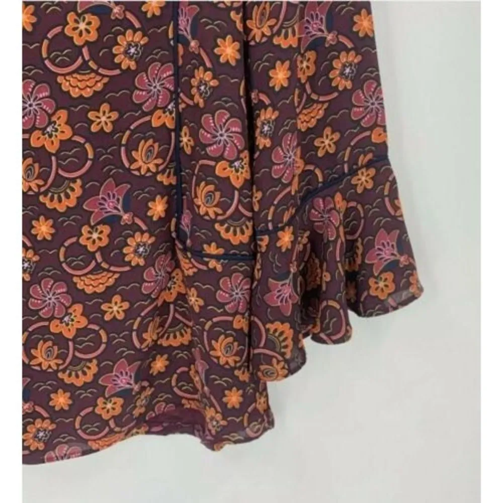 𝅺Ann Taylor Loft vintage Womens Small Blouse Burgundy Floral Bell Sleeve Top - Image 3