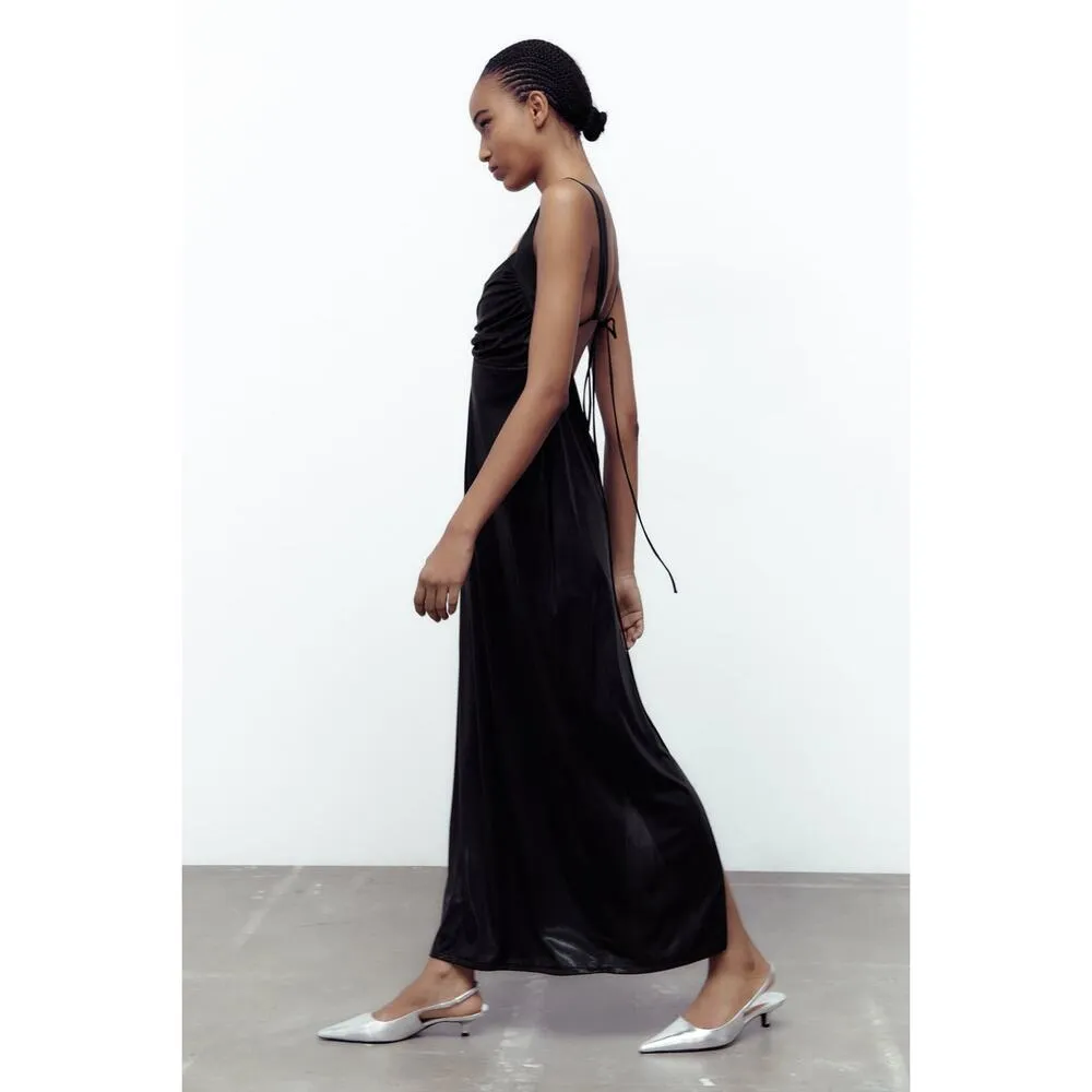 Zara Long Ruched Oil Slick Fabric Maxi Dress with Back Slit in Black - Image 2