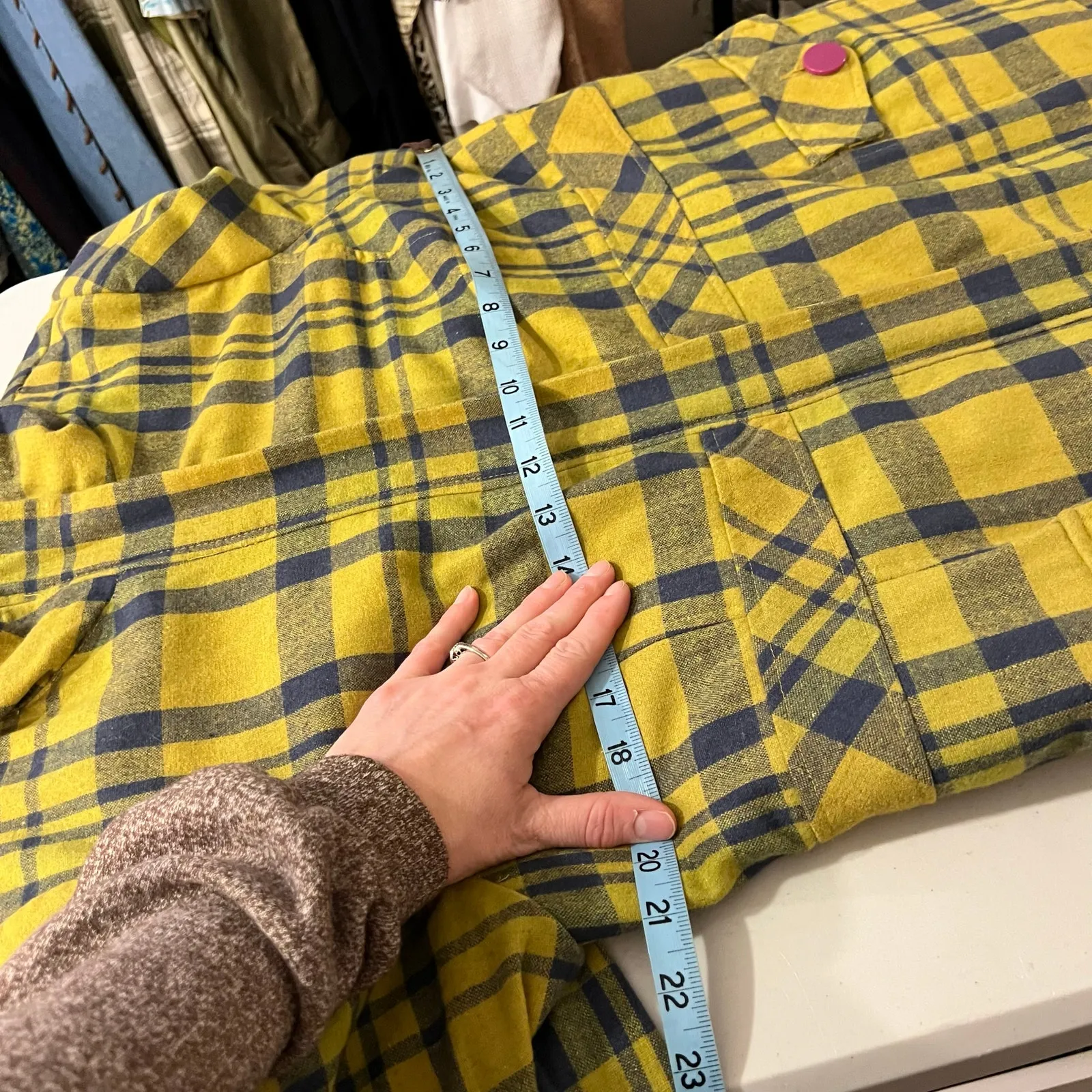 Xhilaration Yellow Blue Plaid Print Purple Buttons Long Zip Up Coat Size Large - Image 10