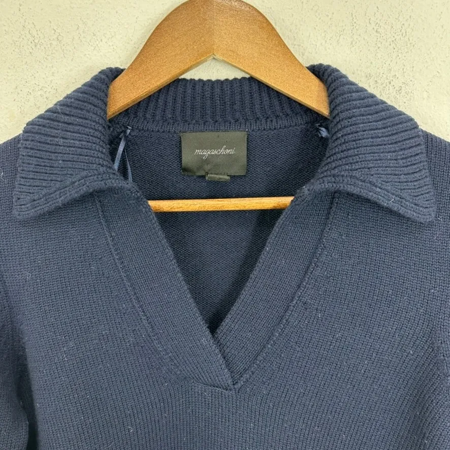 Magaschoni Preppy Collared V Neck Sweater Women's Size S Navy Blue Knit Chic - Image 2