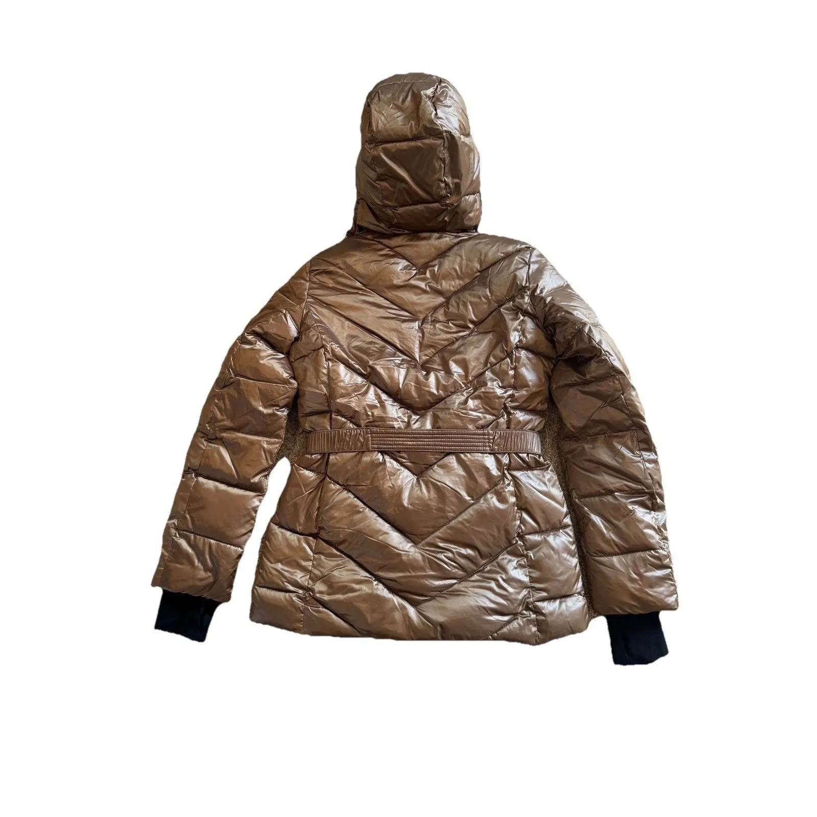 MICHAEL KORS  Women’s Brown Gold Hooded Puffer Belted Jacket Bubble Coat SZ XS - Image 11