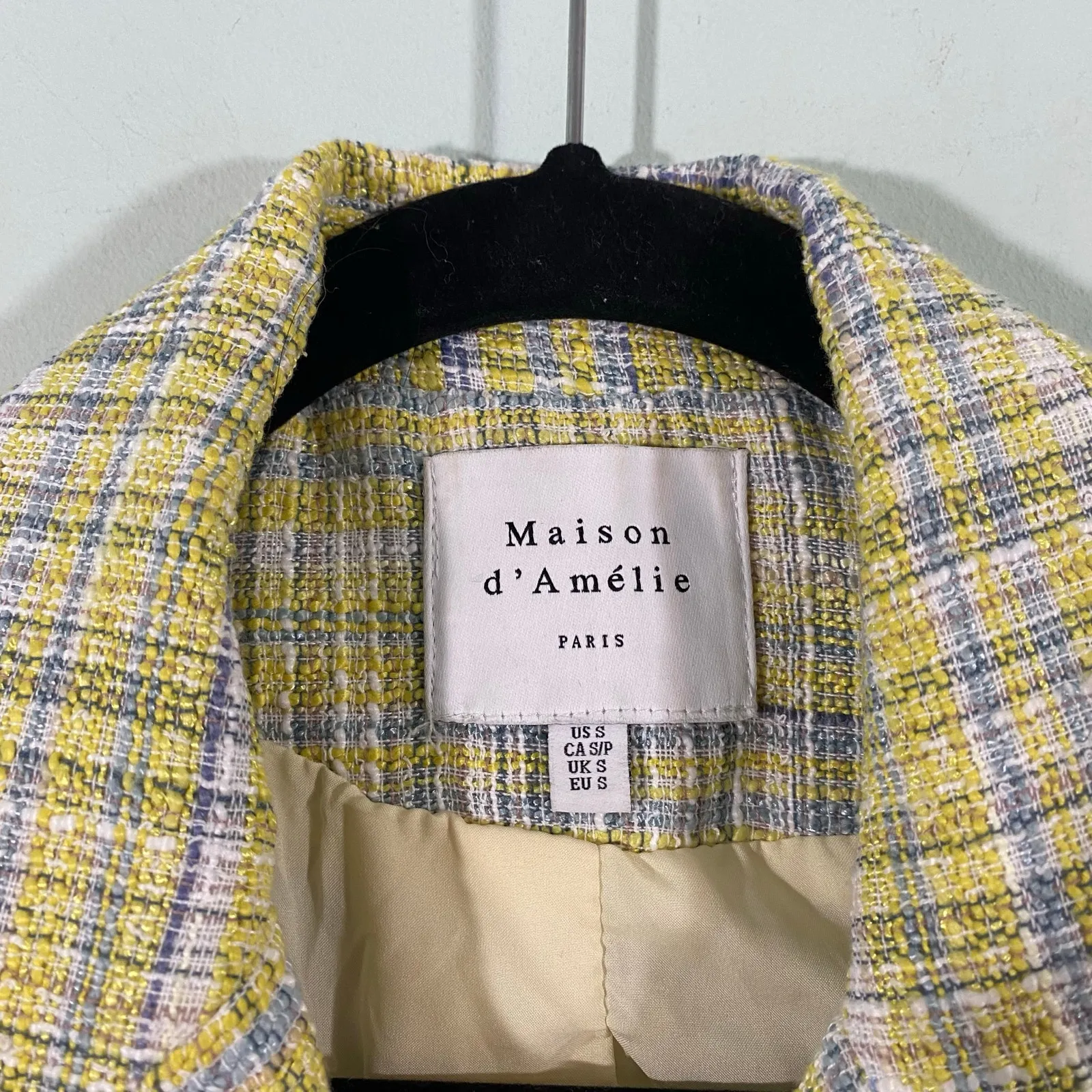 Maison D'Amelie Women Yellow & Green Tweed Short Sleeve Blazer Top Size S - Image 4