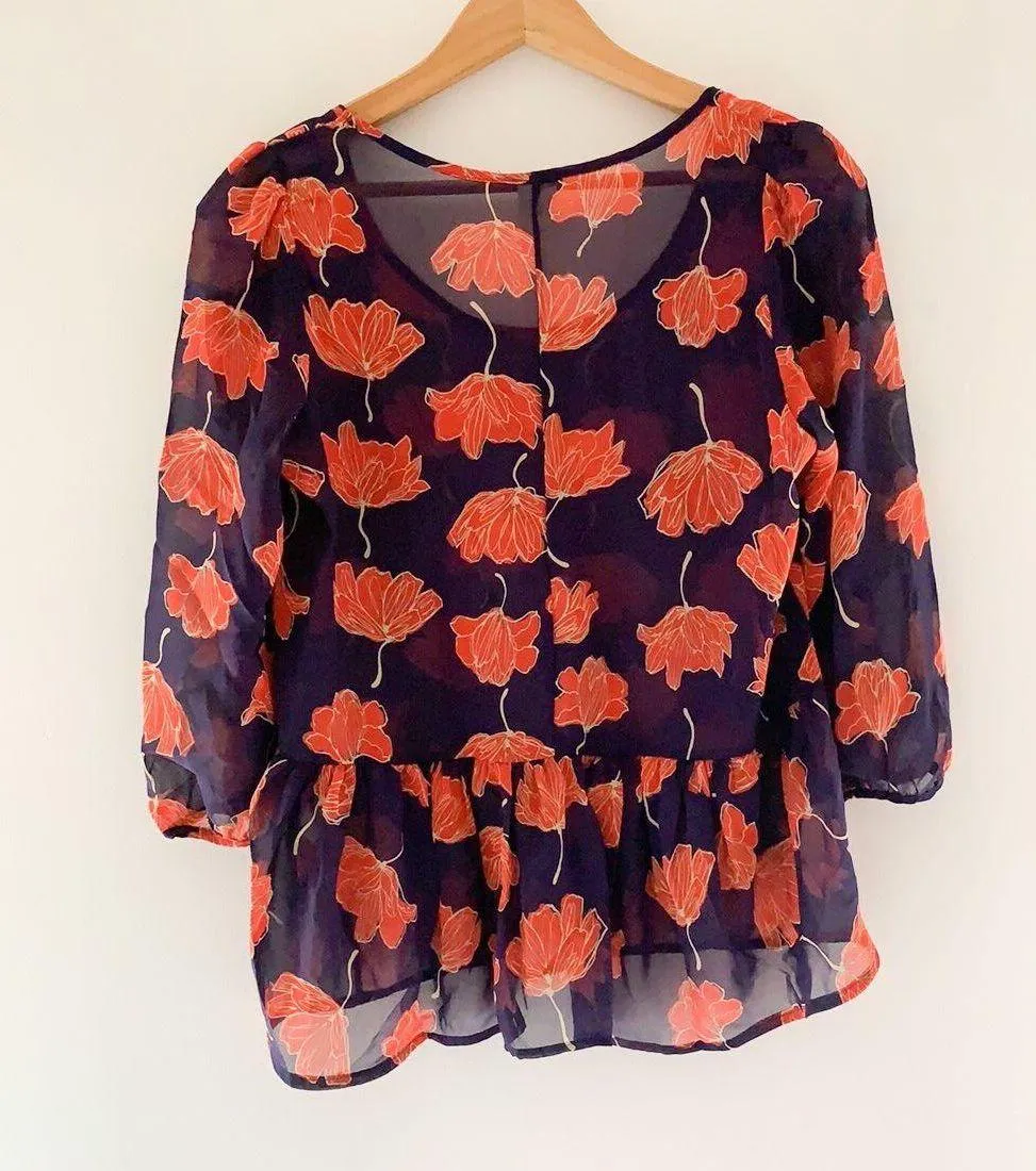 Sheer Floral Orange & Blue Blouse - Image 2