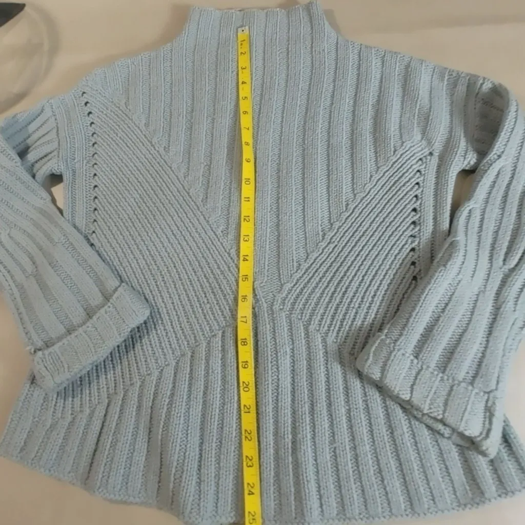 Hand Knit Sweater Pullover Tequila Solo Gray Merino Wool Ribbed Knit Mock Neck Blue Size M - Image 7