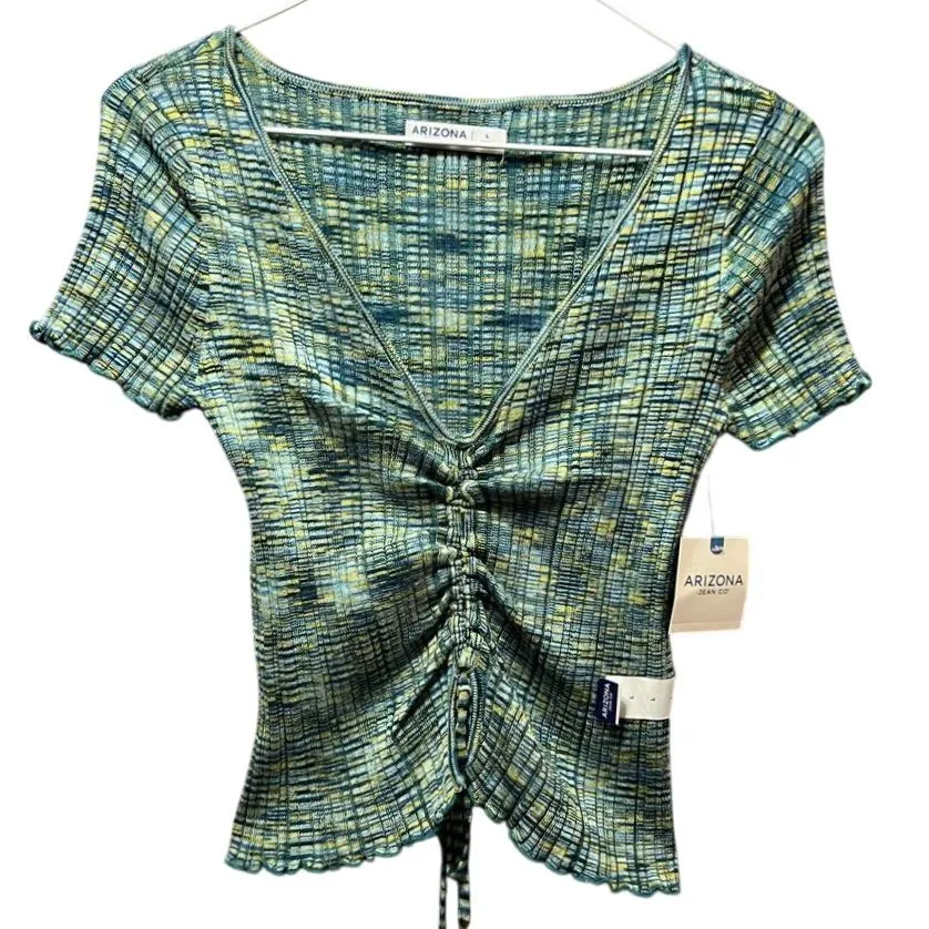 Arizona Jean Co Ruched Front V-Neck Ribbed Top Juniors Large‎ Crop Fitted Blue - Image 2