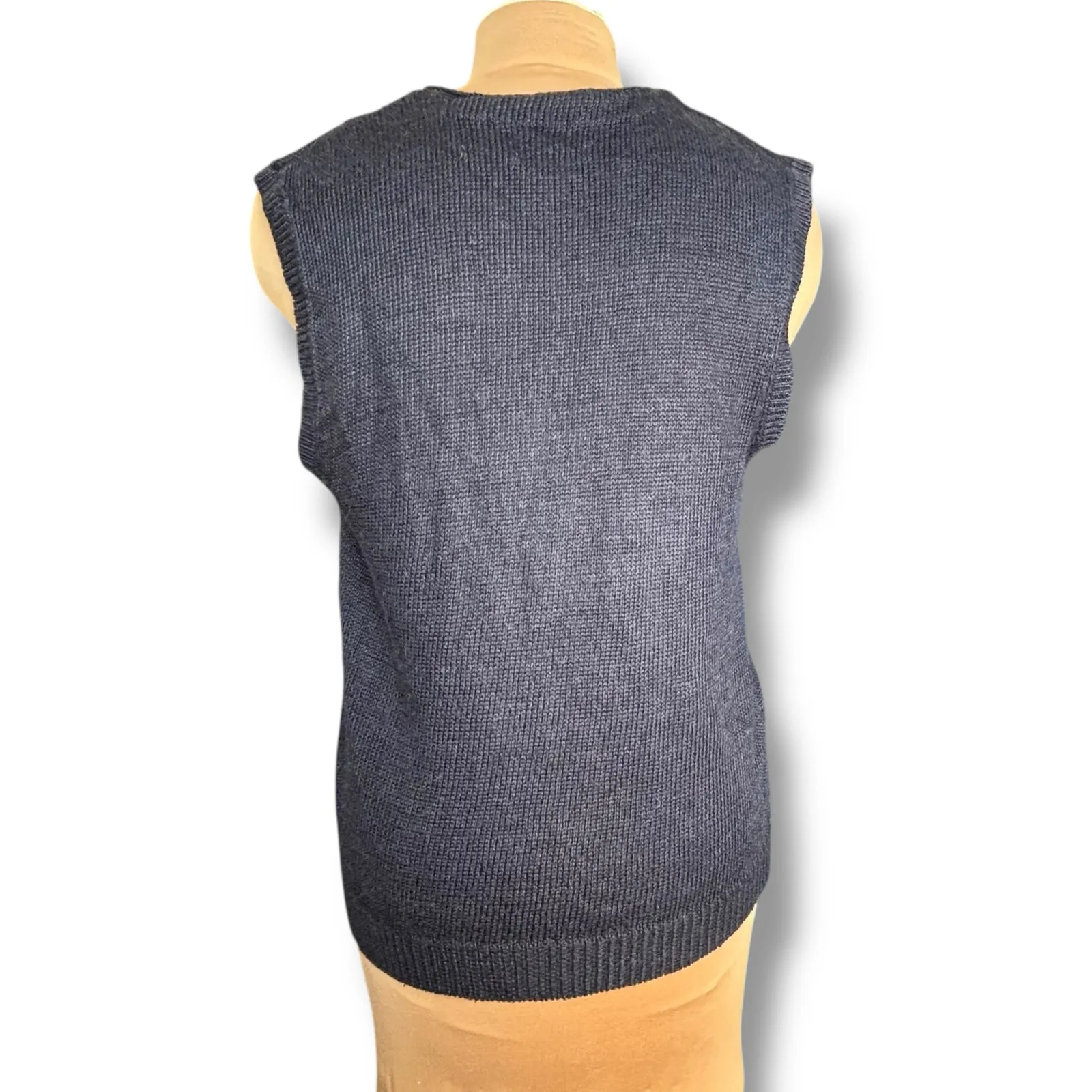 Vintage 90s Leslie Fay Navy Blue Knit Sweater Vest Geometric Plaid Vneck Medium - Image 3