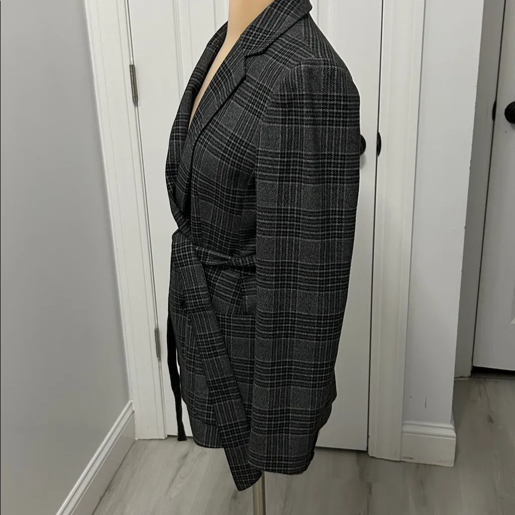 Ann Taylor Menswear Gray Plaid Belted Blazer - Image 6