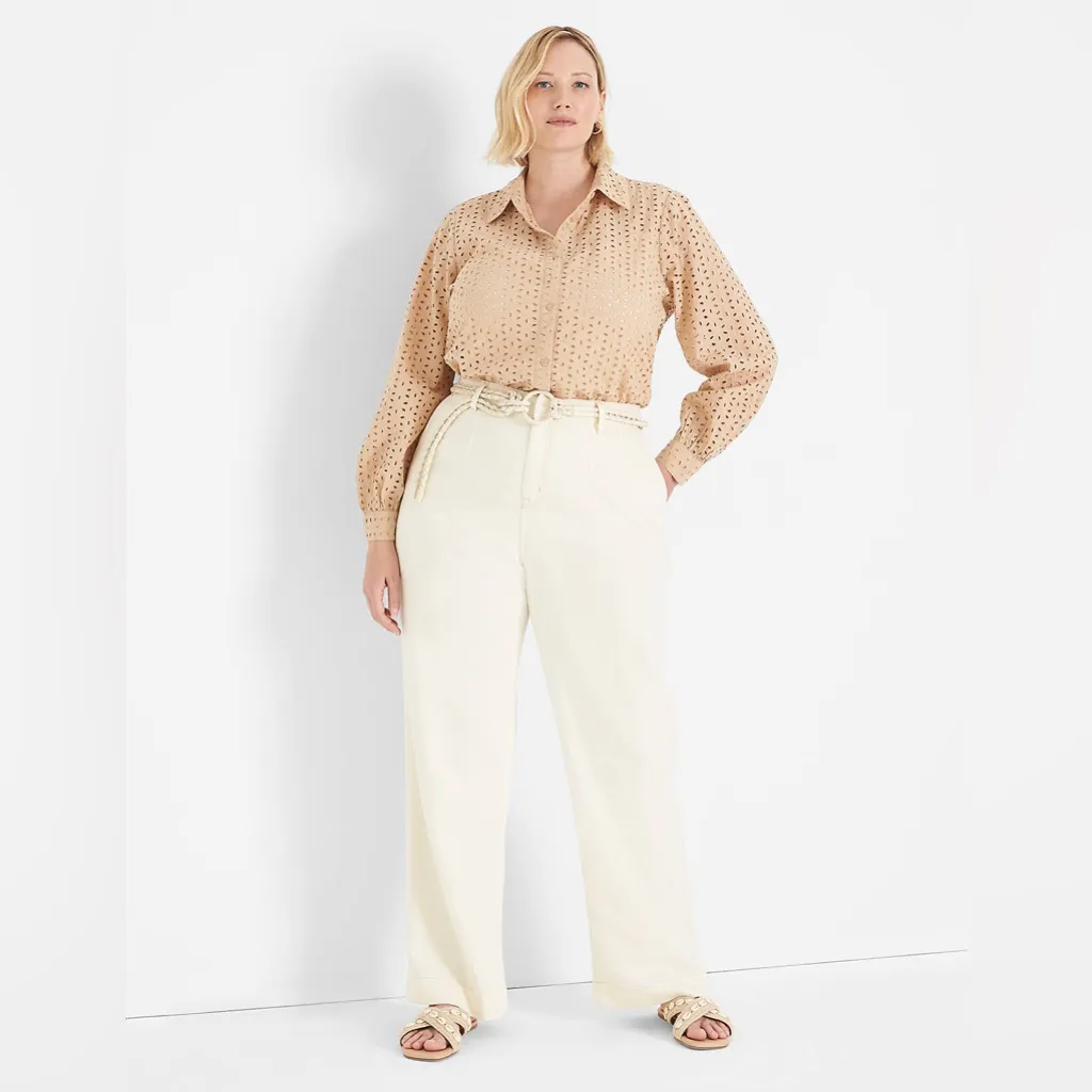 Lane Bryant Long-Sleeve Button-Down Eyelet Top Tan size 14/16 (NWT) - Image 3