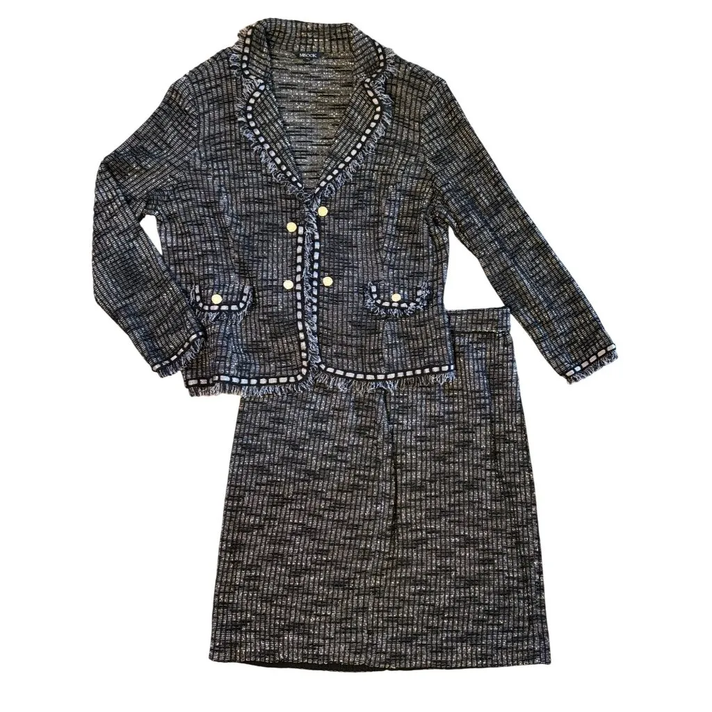 $646 Misook XL Tweed Fringe Skirt Jacket Suit Set Stretch Knit Black Gray Boucle - Image 4