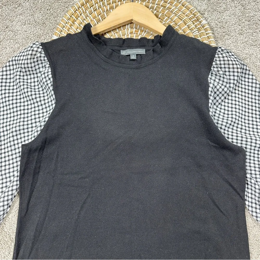 Adrianna Papell Sweater Blouse 3/4 Balloon Sleeve Gingham Ruffle Neck in Black M - Image 2