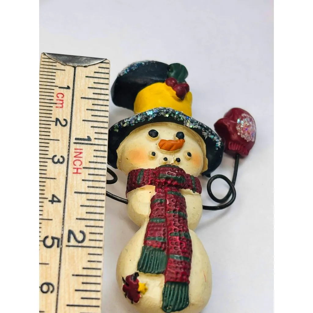 Vintage Snowman Brooch Pin With Glitter Accents & Red Scarf Winter Holiday Jewel - Image 4