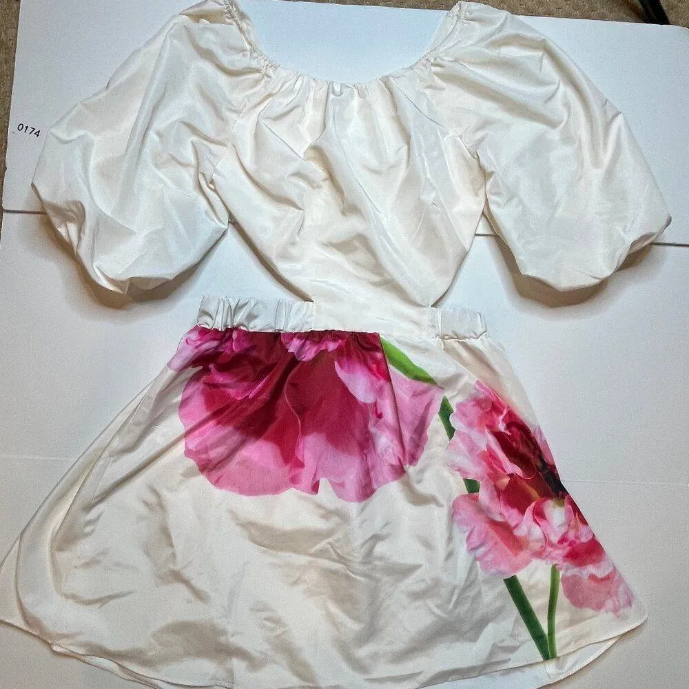 Express Puff Sleeve Cream Pink Cut Out Floral Print Mini Dress Smocked Back SZ M - Image 2