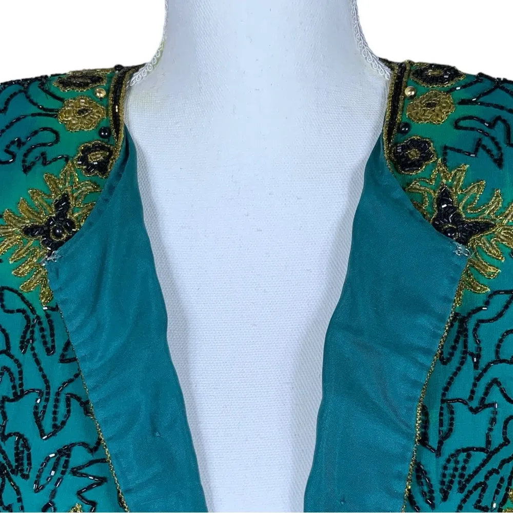 Vintage Silk Adrianna Papell Evening Dinner Jacket Beaded Turquoise Teal SM - Image 9