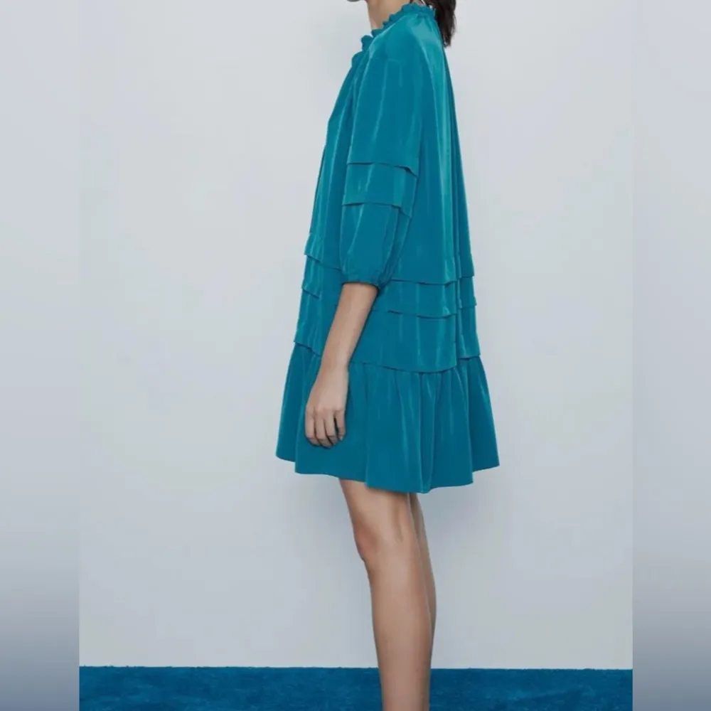 Zara 3/4 sleeve ruffled hem duck blue mini dress - Image 5