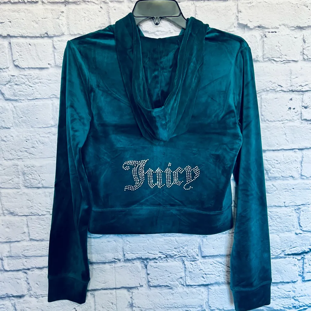 🔥JUICY COUTURE Bling OG Velour Iconic Tracksuit Hoodie Pants Sea Dark Teal L - Image 5