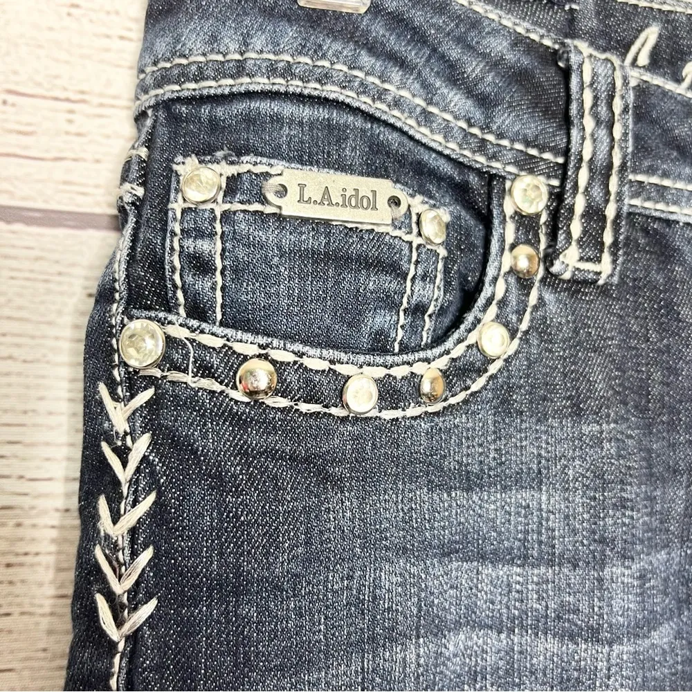 LA Idol Rhinestone Studded Denim Tall Bootcut Jeans Size 1 Inseam 34 Blue - Image 3